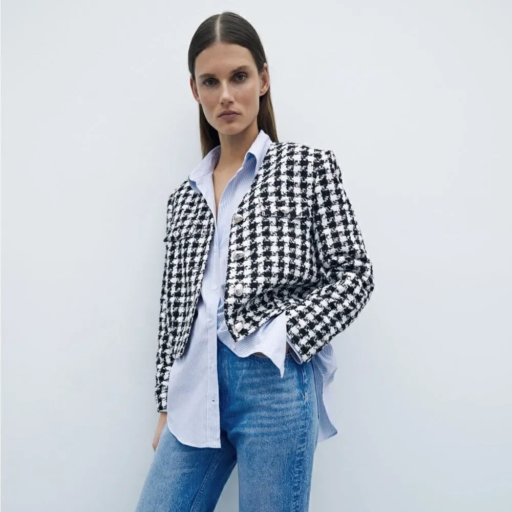 Zara Checkered Cropped Bomber Blazer New